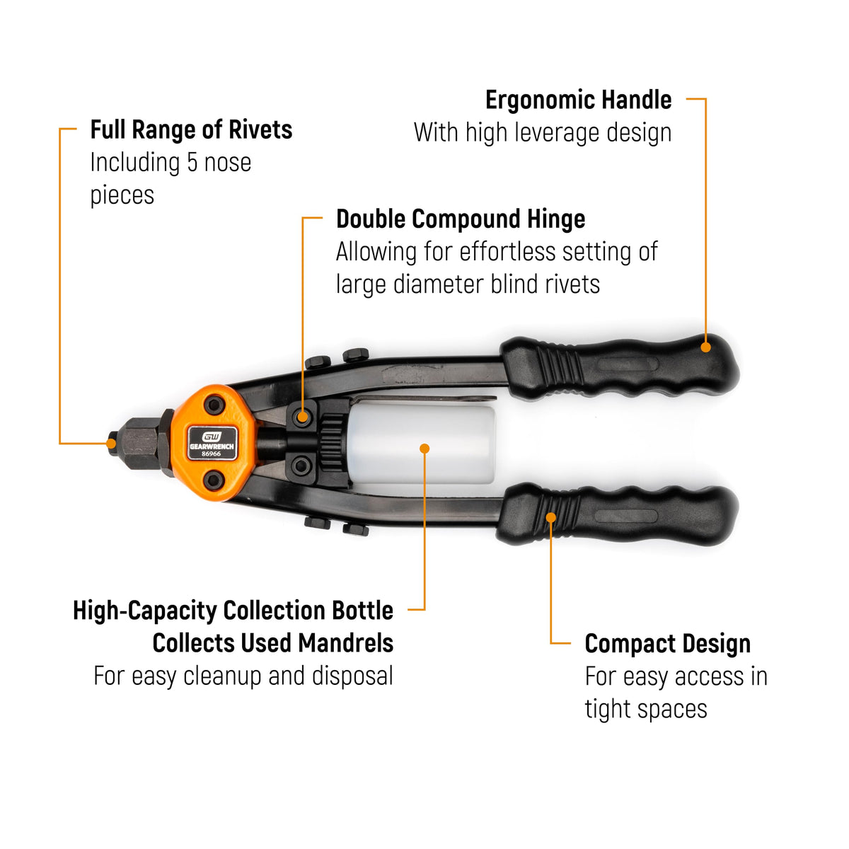 GEARWRENCH 13-inch riveter with ergonomic grips supports comfortable, extended use.