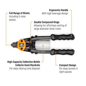 GEARWRENCH 13-inch riveter with ergonomic grips supports comfortable, extended use.