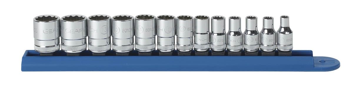 GearWrench 13pc 1/4 drive metric socket set for automotive repairs with chamfered openings and readable size markings.