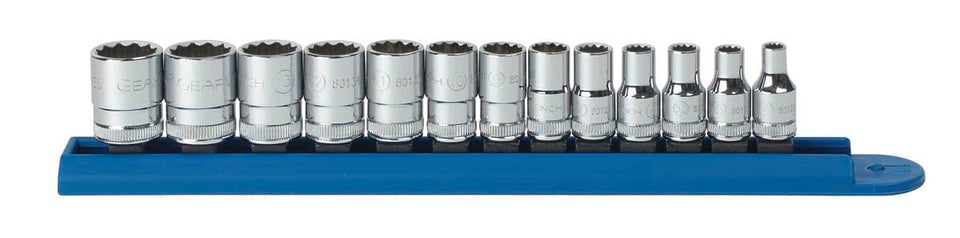 GearWrench 13pc 1/4 drive metric socket set for automotive repairs with chamfered openings and readable size markings.