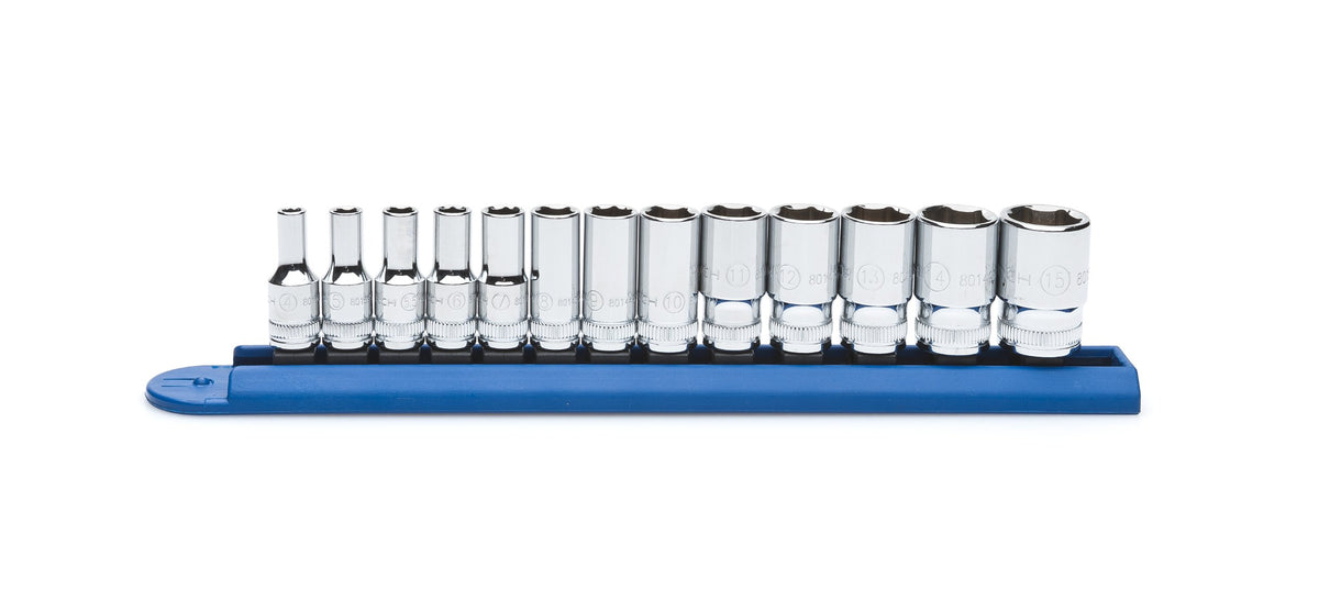 GearWrench 13-piece quarter-inch drive midlength sockets in case for easier metric repairs.
