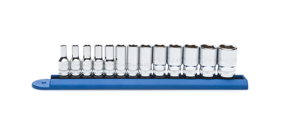 GearWrench 13-piece quarter-inch drive midlength sockets in case for easier metric repairs.
