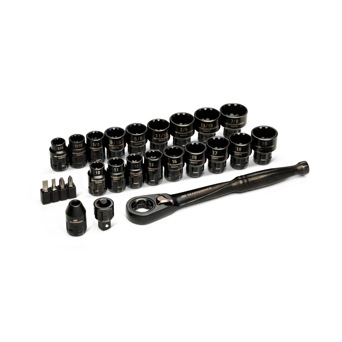 GearWrench 25-piece pass-through ratchet and socket set with rails for organized tool setup