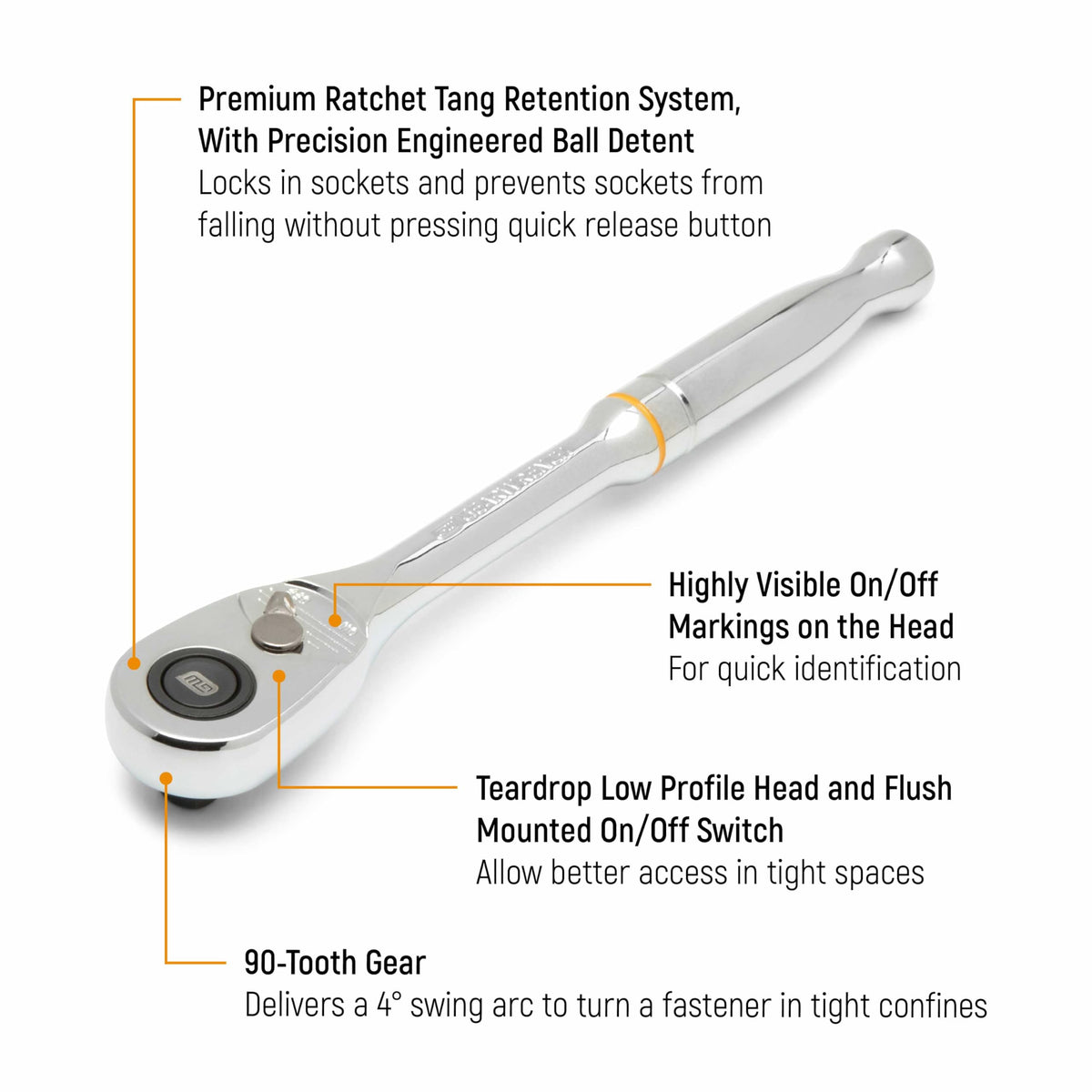 GEARWRENCH 81218T 90-tooth gear delivers precise, controlled movement with a 4-degree swing.