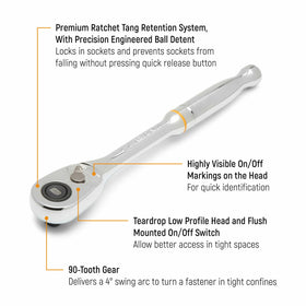 GEARWRENCH 81218T 90-tooth gear delivers precise, controlled movement with a 4-degree swing.