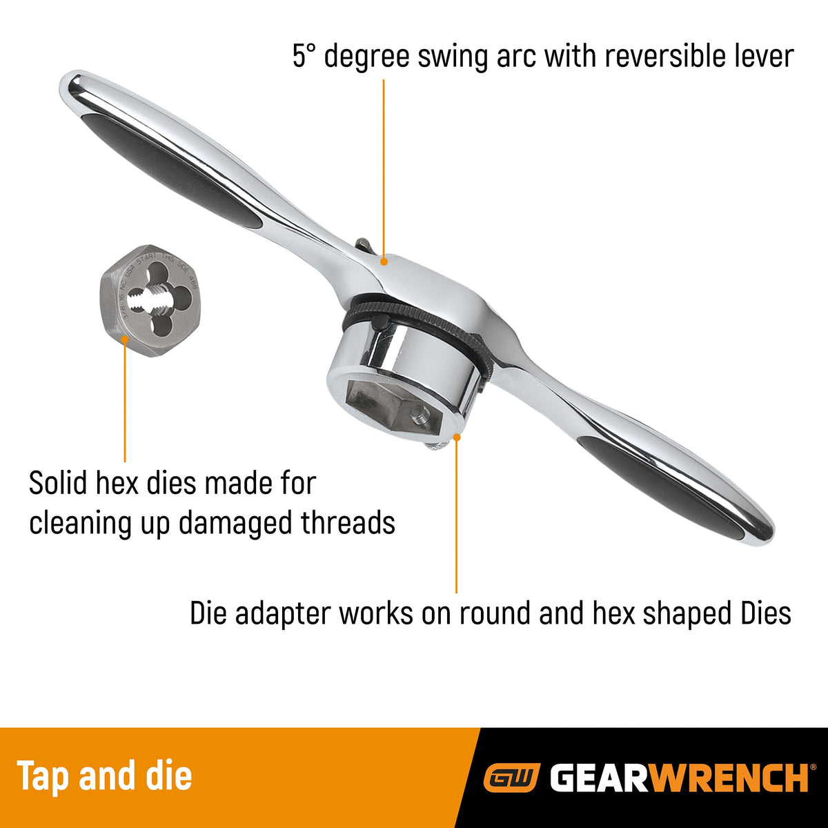 GearWrench 3886 close-up of 5-degree ratcheting arc handles for smoother turning