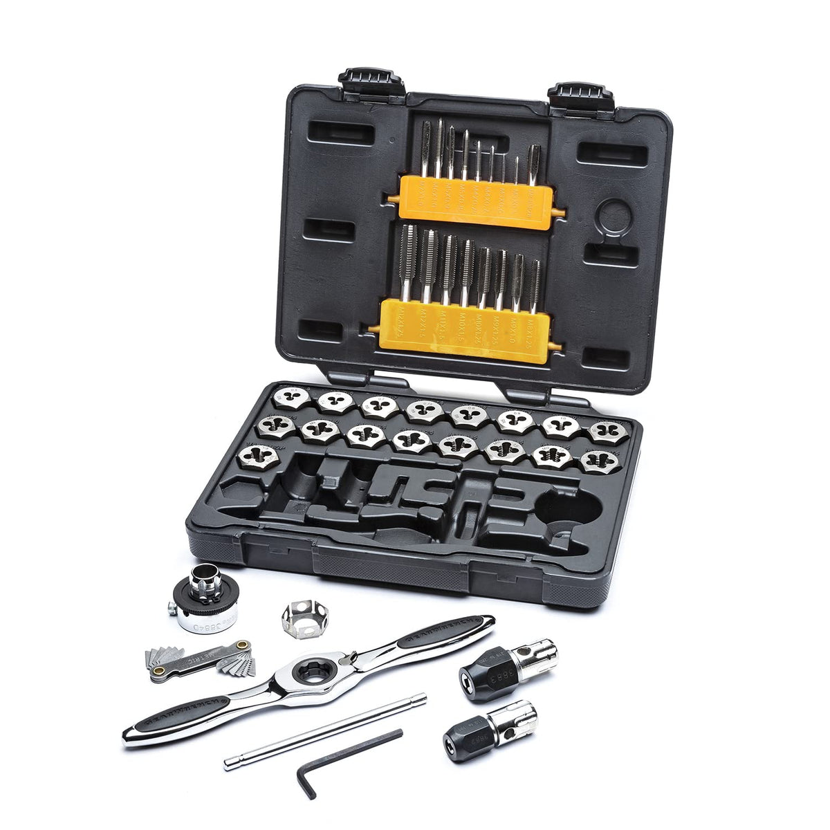 GearWrench 3886 top view of ratcheting-tap-die set for precise threading