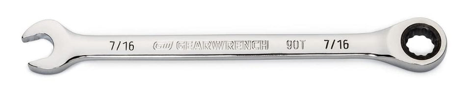 GearWrench 7/16-inch 4-degree swing arch ratcheting wrench offers tight-space access and fastens efficiently.
