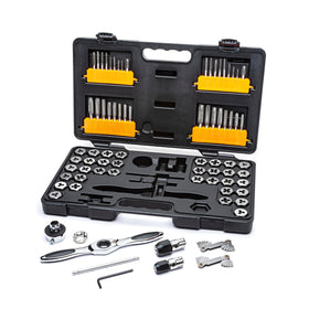 GearWrench 77-piece ratcheting tap and die set shown with a T-handle for smoother threading.