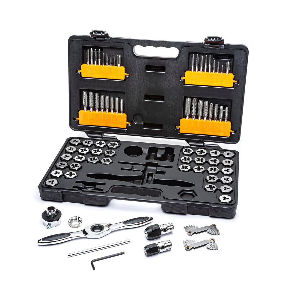 GearWrench 77-piece ratcheting tap and die set shown with a T-handle for smoother threading.