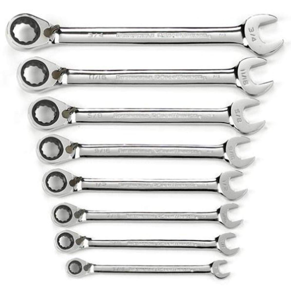 GearWrench 8-piece 72-tooth ratcheting wrench set in tray for quick fastener work.