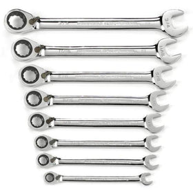 GearWrench 8-piece 72-tooth ratcheting wrench set in tray for quick fastener work.