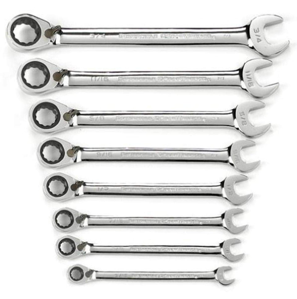 GearWrench 8-piece 72-tooth ratcheting wrench set in tray for quick fastener work.