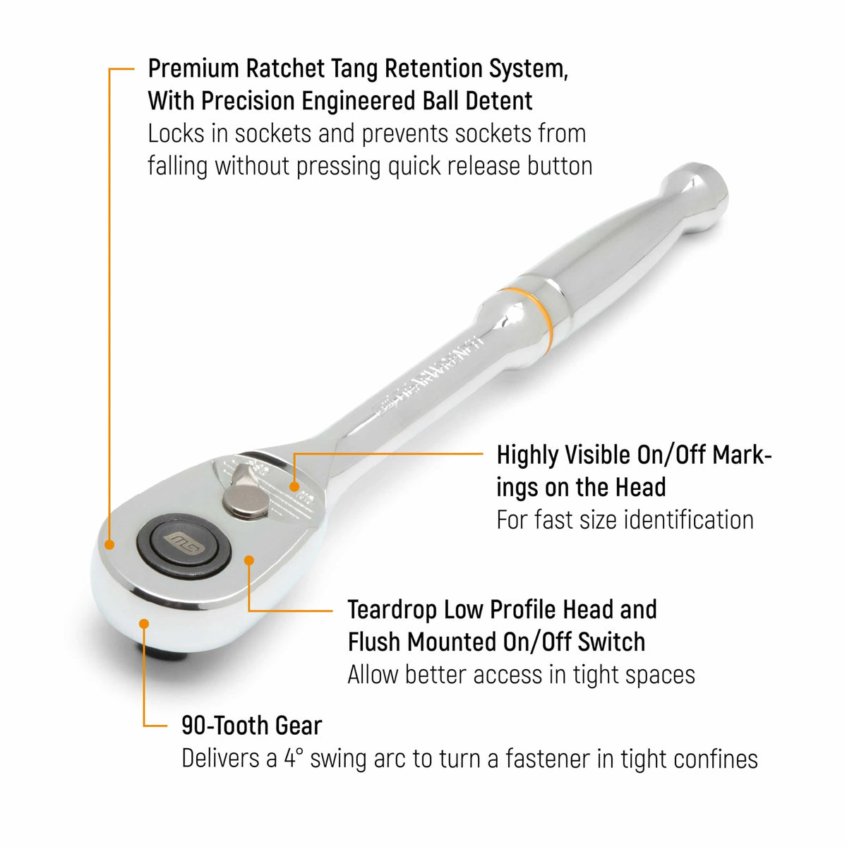 GEARWRENCH 81309T 4-degree swing arc improves maneuverability in cramped spots.