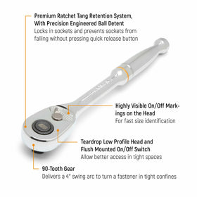 GEARWRENCH 81309T 4-degree swing arc improves maneuverability in cramped spots.