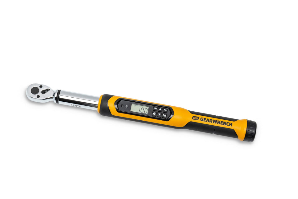 GearWrench 85076 electronic torque wrench display shows torque reading for precise tightening.