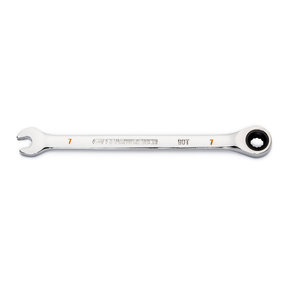 GearWrench 7mm swing-arch ratcheting wrench offers compact reach for tight spaces.