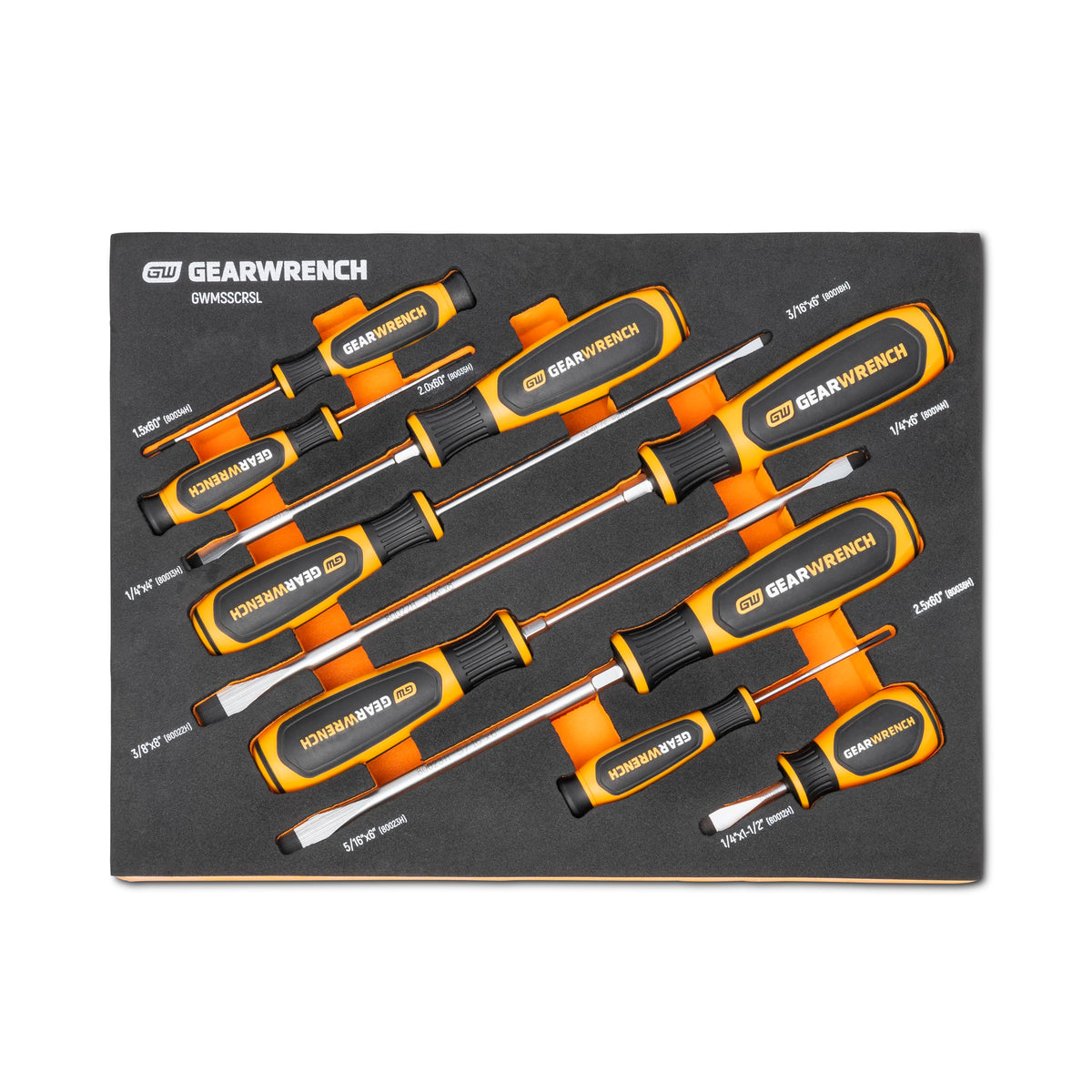 GearWrench 9-piece slotted screwdriver set in foam tray for quick access