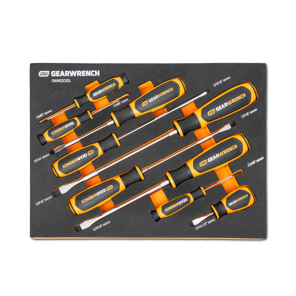 GearWrench 9-piece slotted screwdriver set in foam tray for quick access
