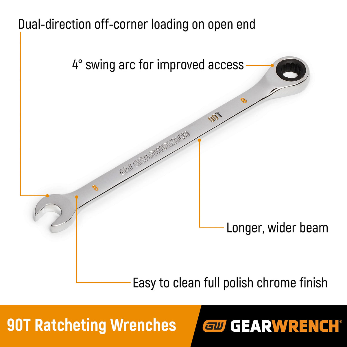 GEARWRENCH 90-tooth ratchet speeds work in confined areas