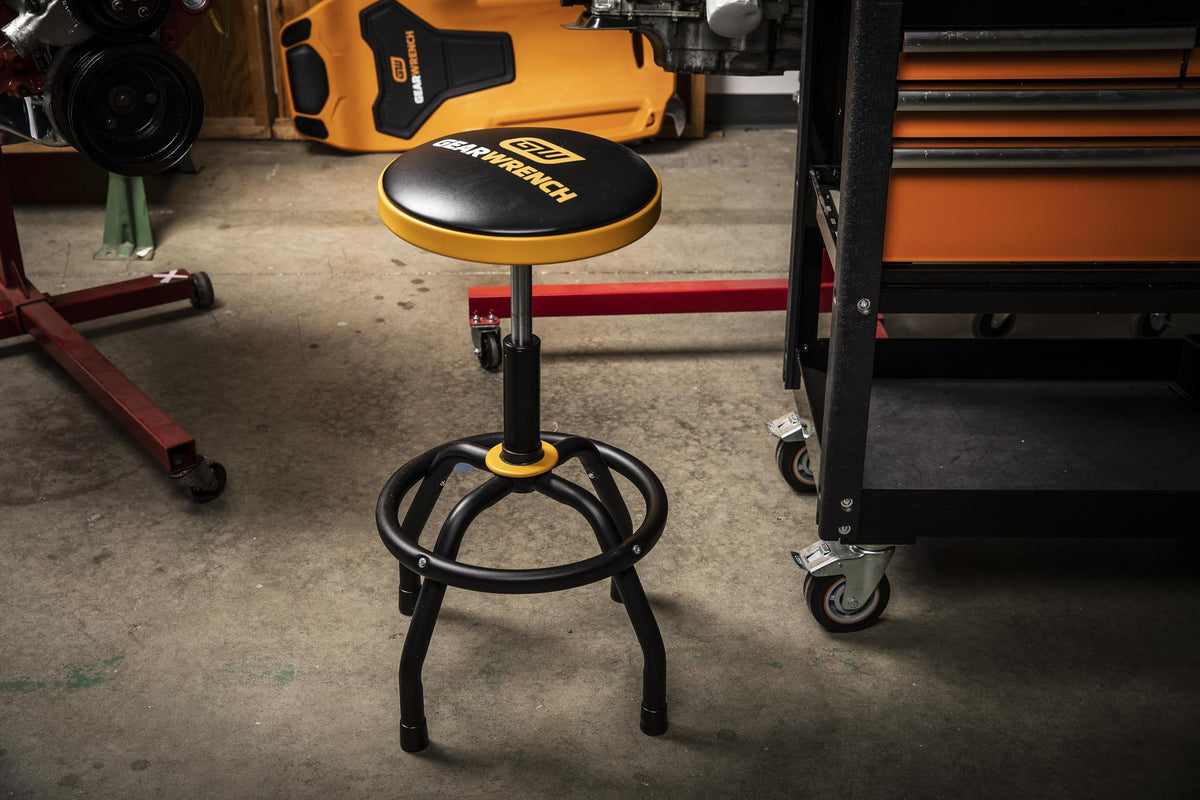 GearWrench swivel stool base with wheels enabling easy movement in tight shop spaces.