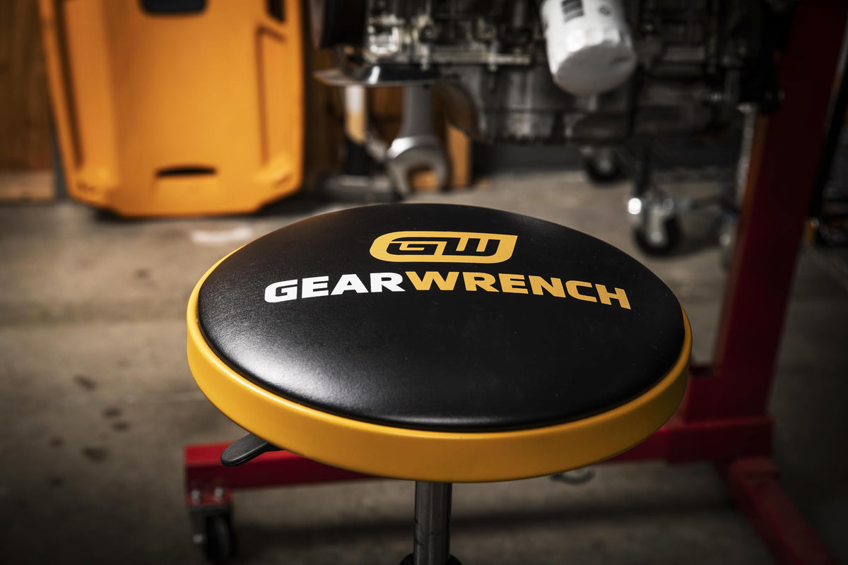 GearWrench adjustable-height swivel stool height position demonstrates smooth air shock adjustment.