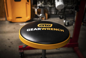 GearWrench adjustable-height swivel stool height position demonstrates smooth air shock adjustment.