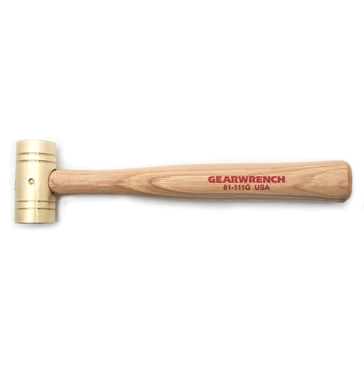 GEARWRENCH brass hammer with hickory handle — front view; non-sparking head protects surfaces.