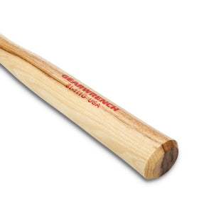 GEARWRENCH brass hammer, hickory handle detail, flame-treated and lacquered for durability.