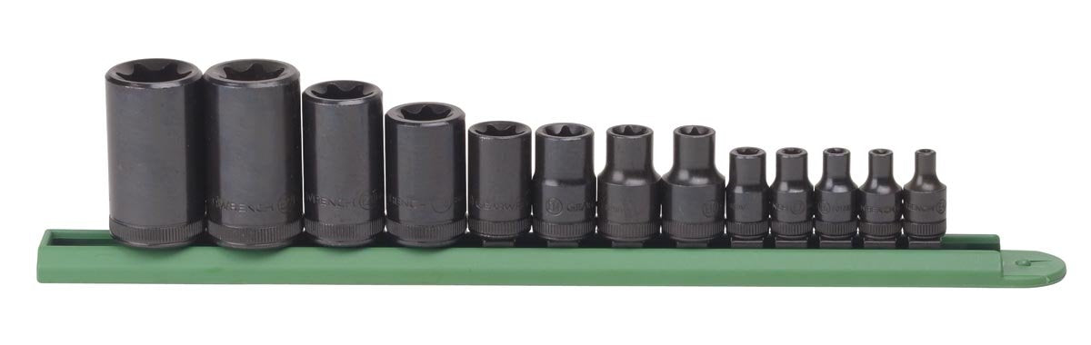 GearWrench E-Torx 13-piece socket set on rail for organized storage