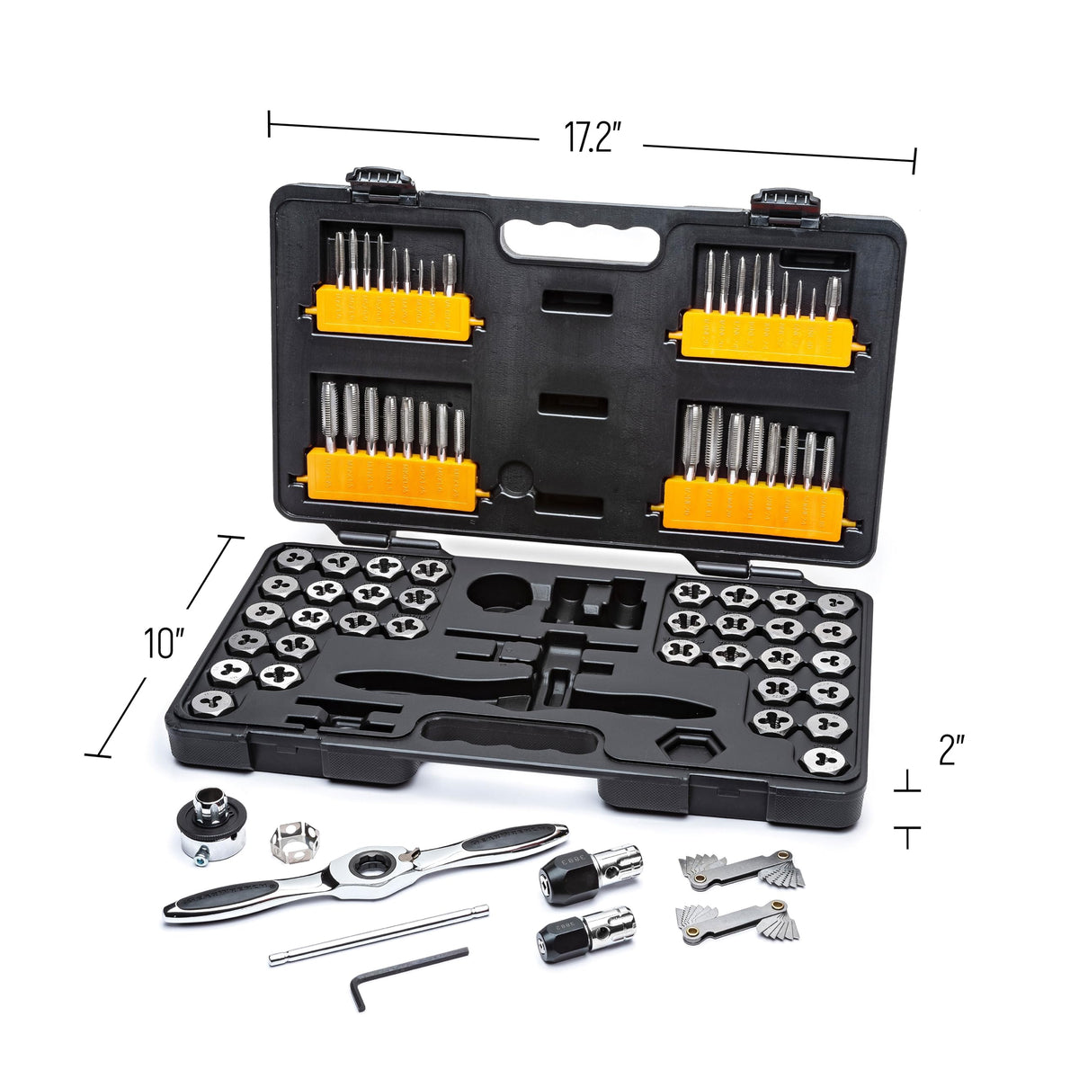 GearWrench hex dies and tap adapters displayed for versatile threading tasks.