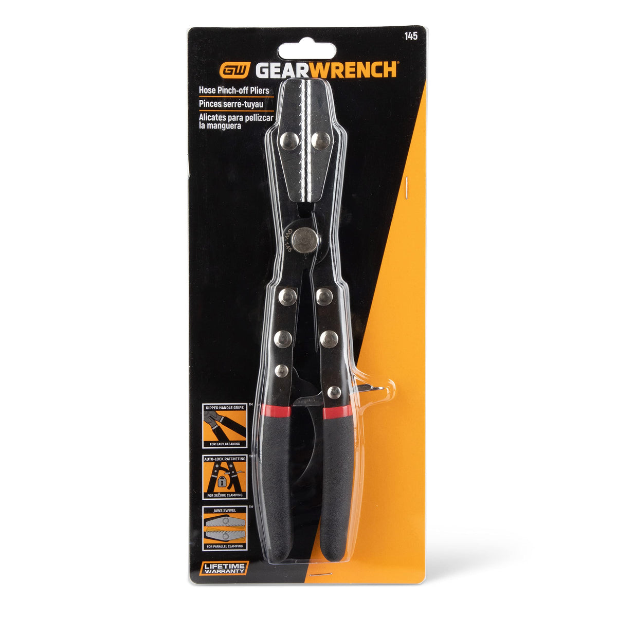 GearWrench pinch-off pliers with swivel jaws shown sealing a hose for secure clamp