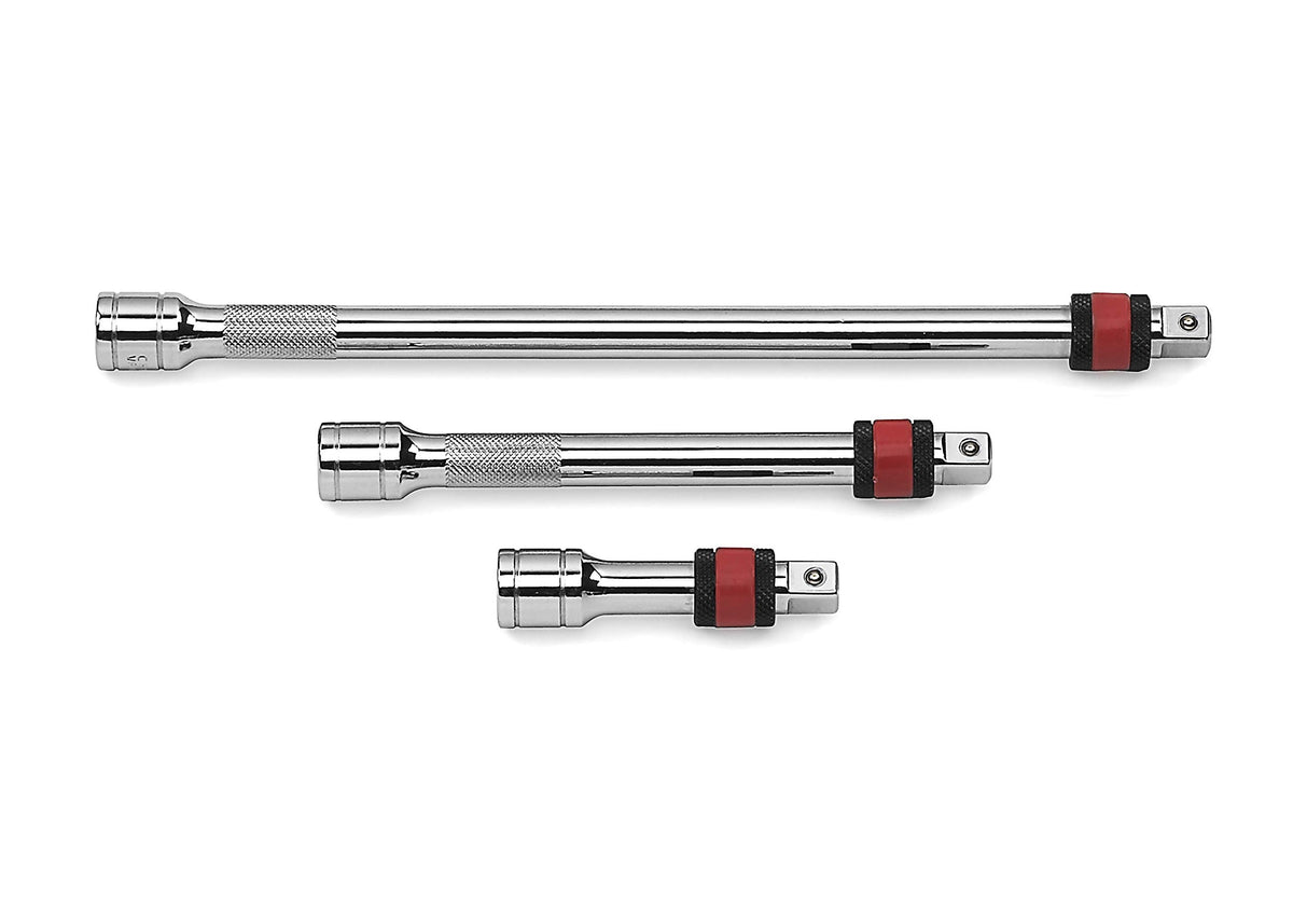 GearWrench locking extension set, 2-inch, demonstrates secure socket retention and knurled grip for control