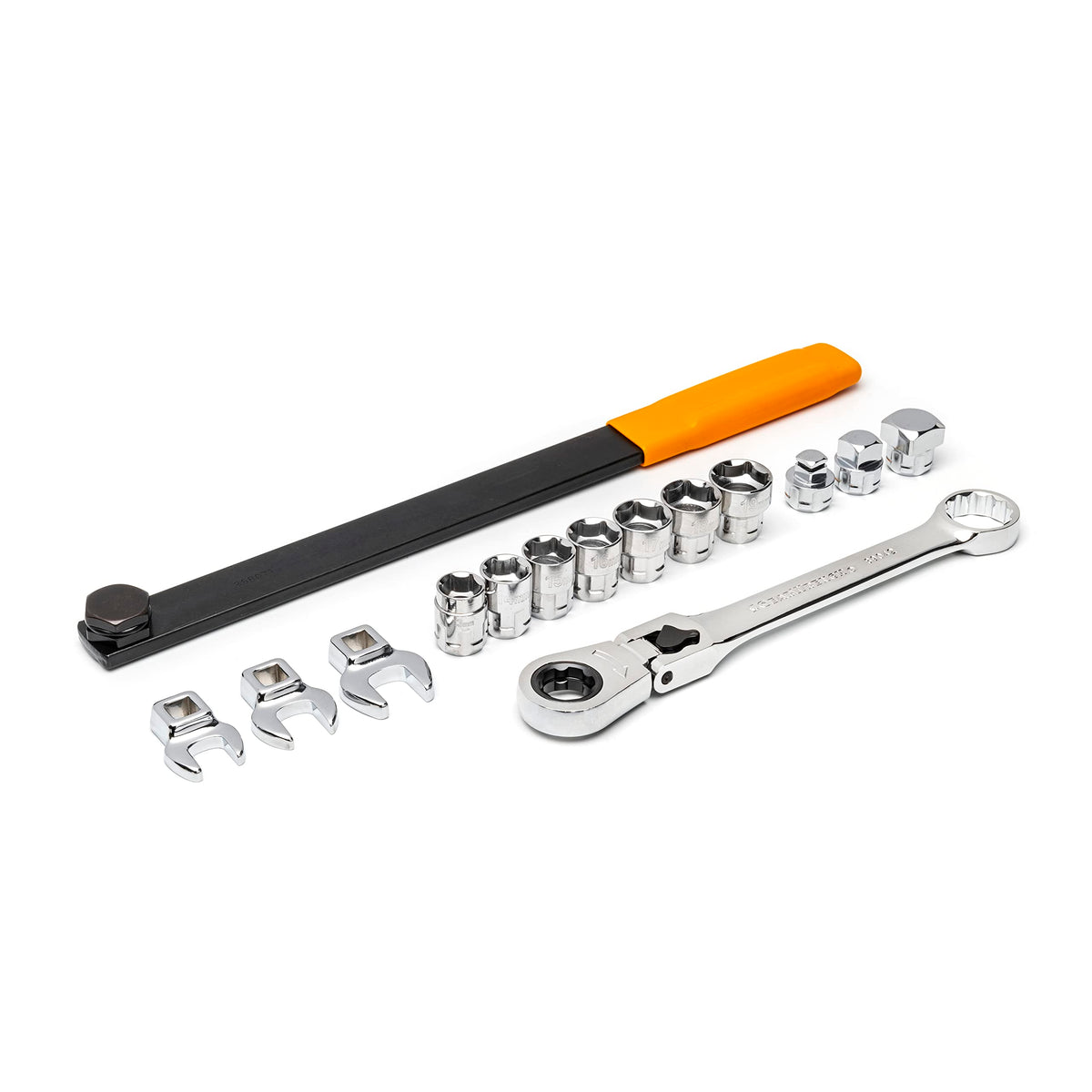 GEARWRENCH locking flex head wrench reaching spring-loaded tensioners with ease