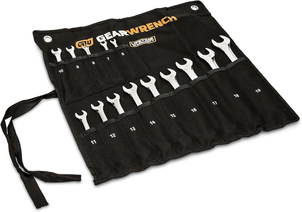 GearWrench offset box-end and Surface Drive+ wrenches in use for tight-space access.