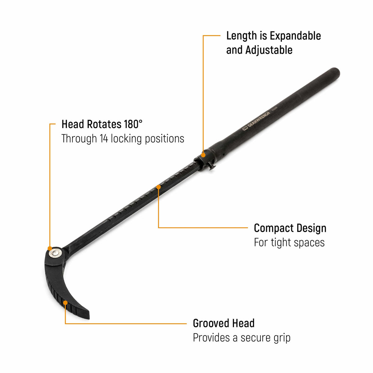 GEARWRENCH compact extendable pry bar fits in narrow gaps.