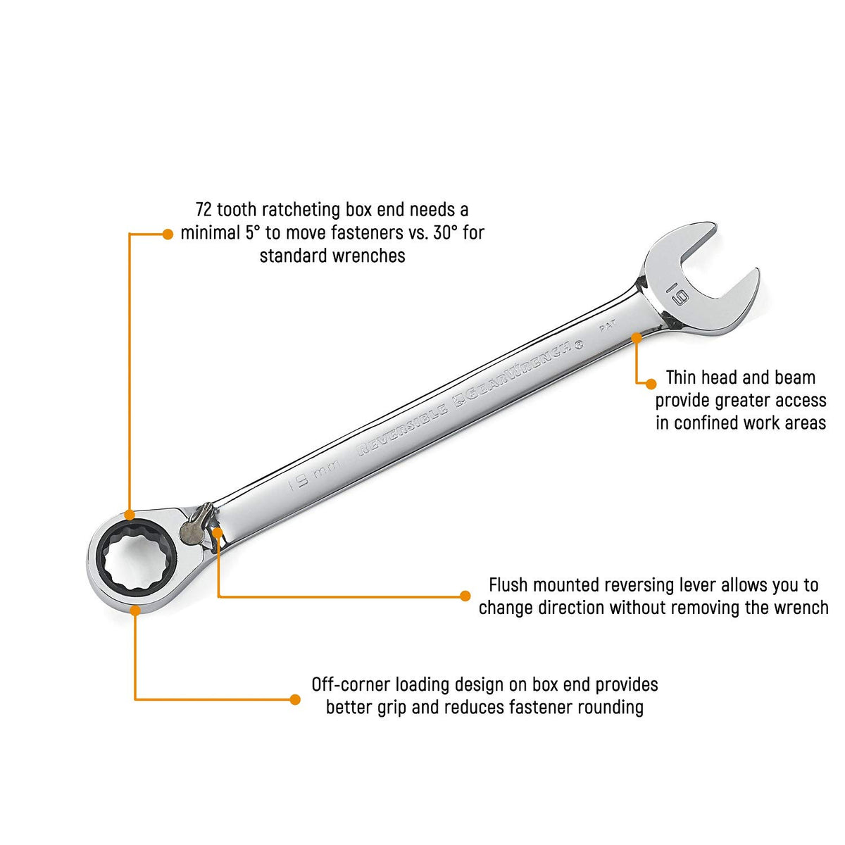 GearWrench reversible box-end ratcheting wrench enables one-handed direction change in tight spots.
