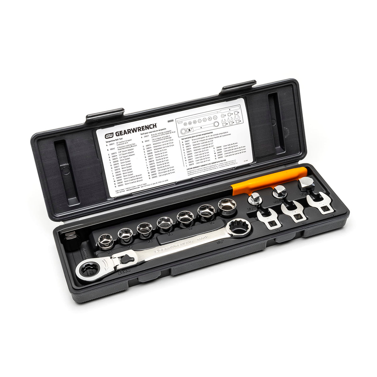 GEARWRENCH 89000 serpentine belt tool kit in use for efficient belt removal