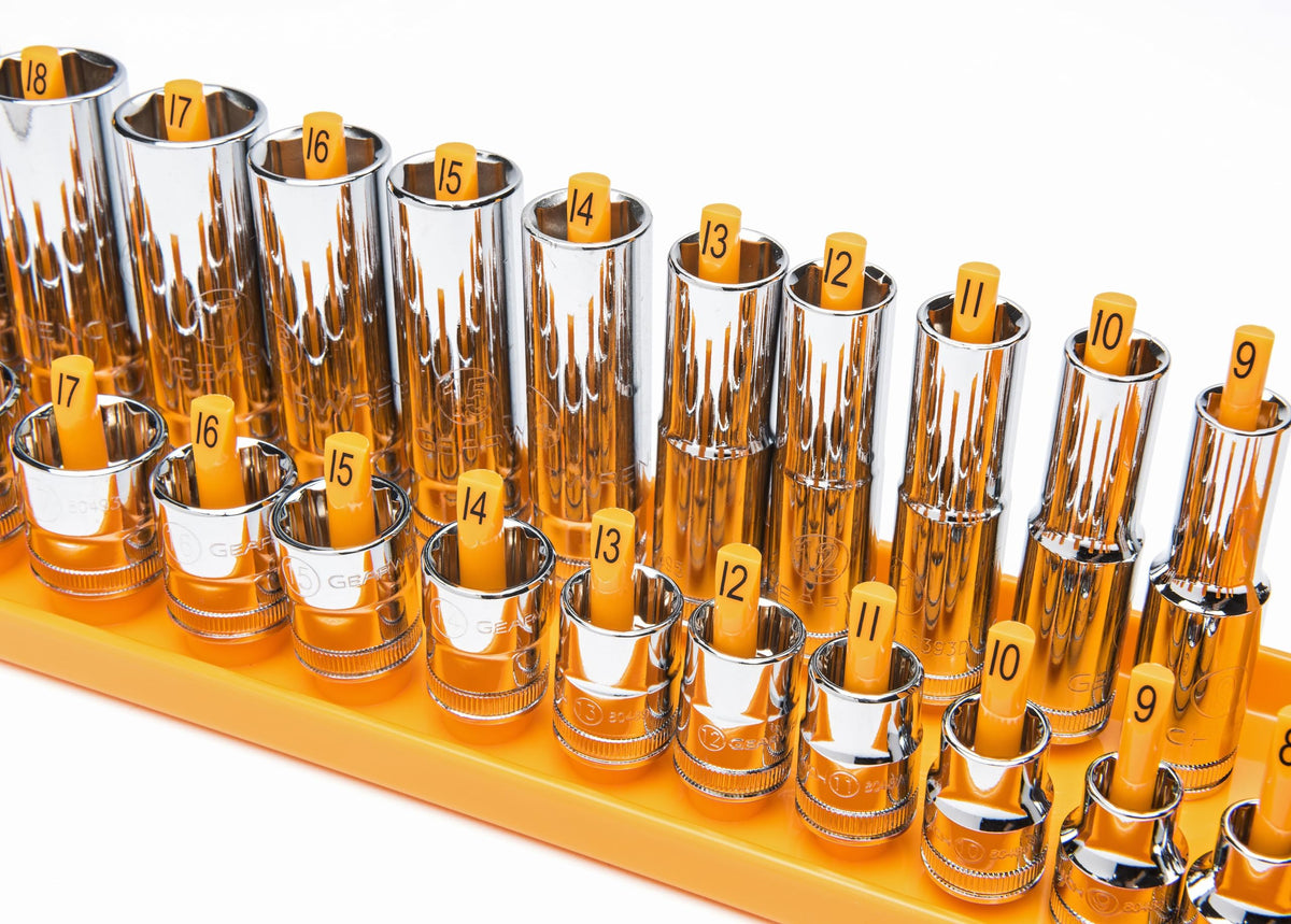 GearWrench socket tray for 3/8 inch drive designed for quick access in busy shops.