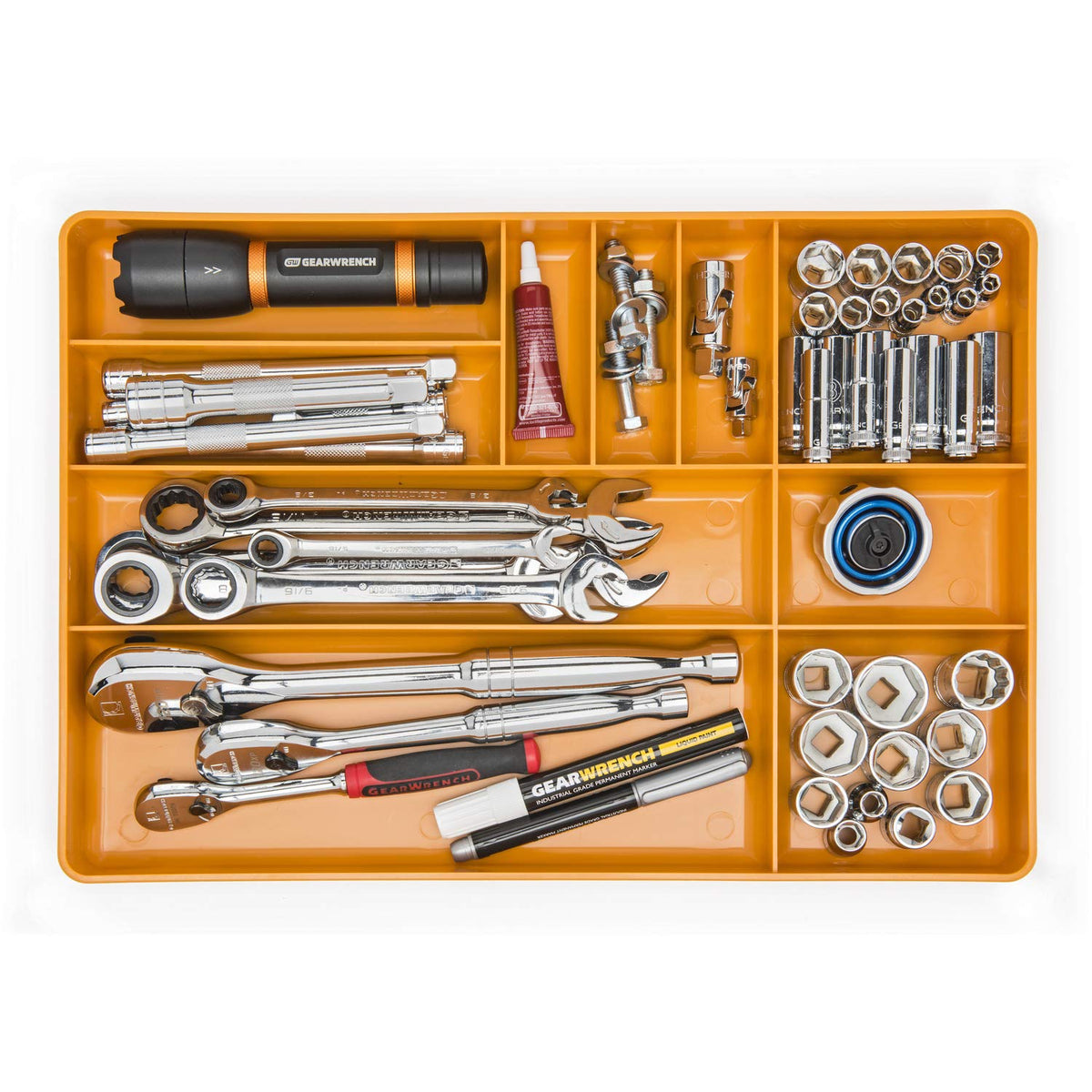 GEARWRENCH molten orange tray boosts visibility to spot tools at a glance