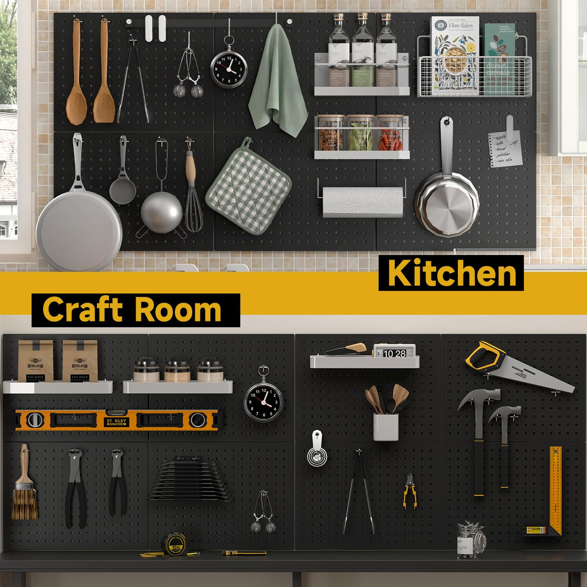 GEDELITE kitchen workspace pegboard for utensil and supply organization.