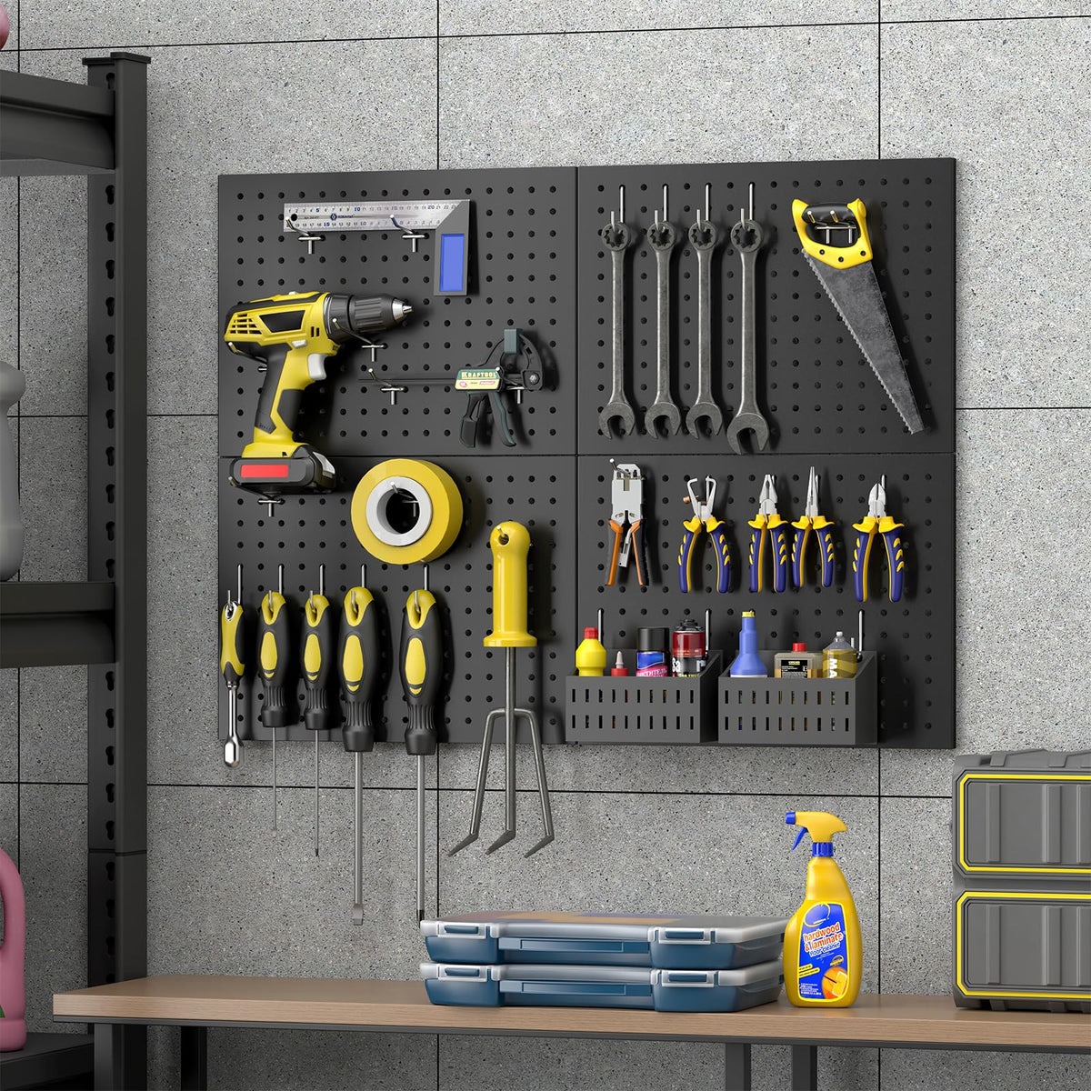 GEDELITE pegboard hooks close-up showing universal mounting compatibility.