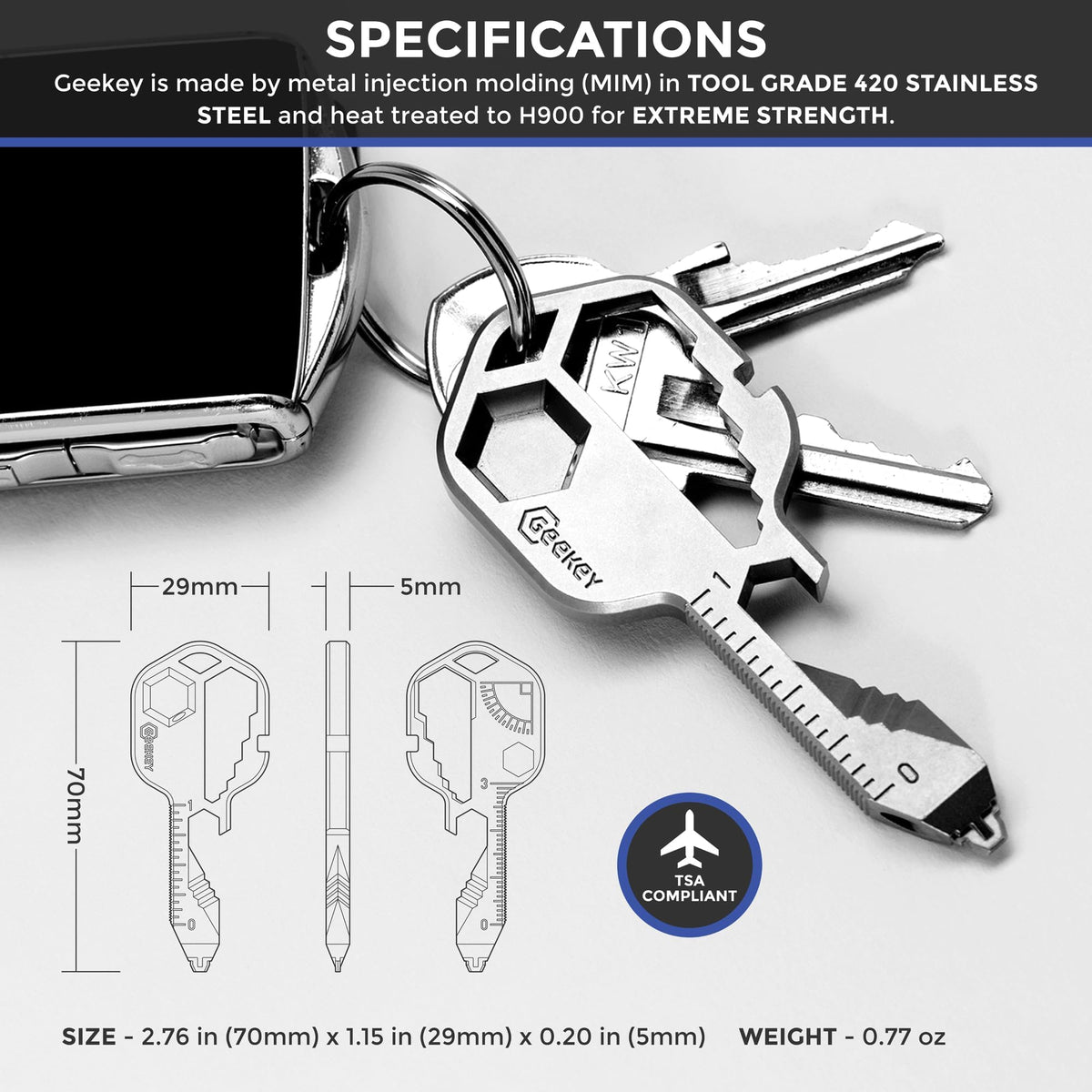 Geekey stainless steel body emphasizes rugged durability for DIY tasks.