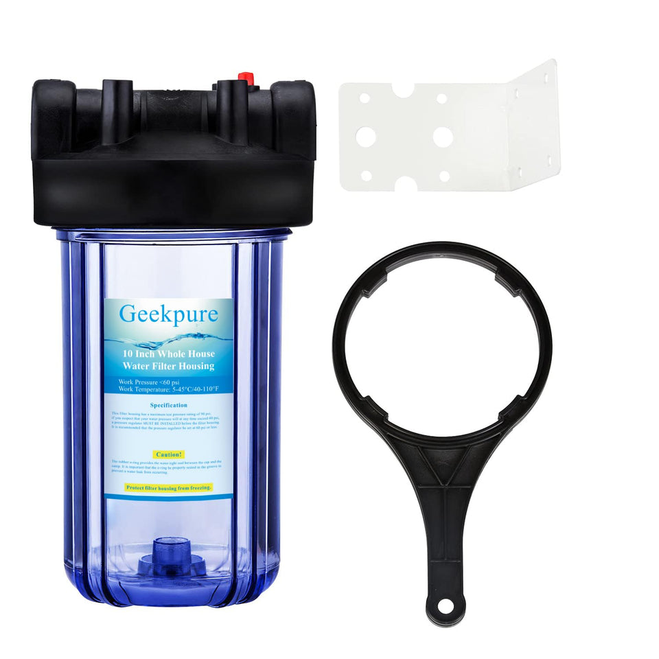 Geekpure 10-inch clear housing front view with 1-inch ports for whole-house filtration.