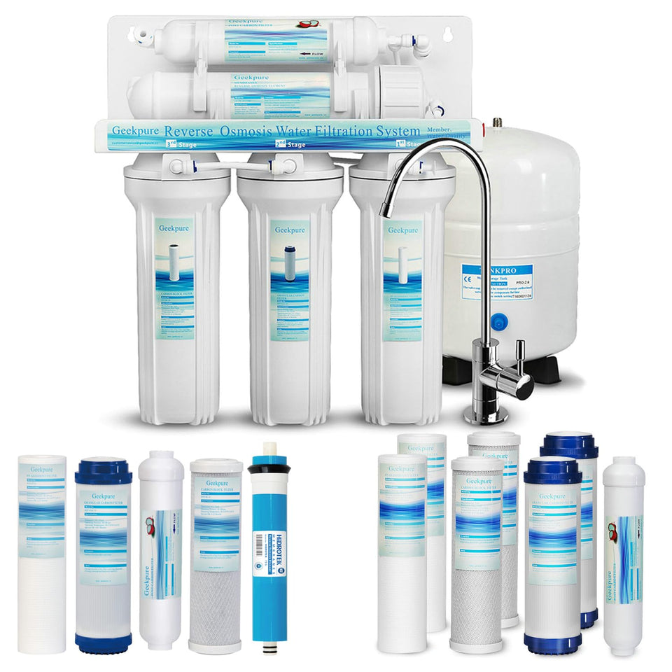 Geekpure 5-Stage RO system installed under the sink for convenient access to purified water.