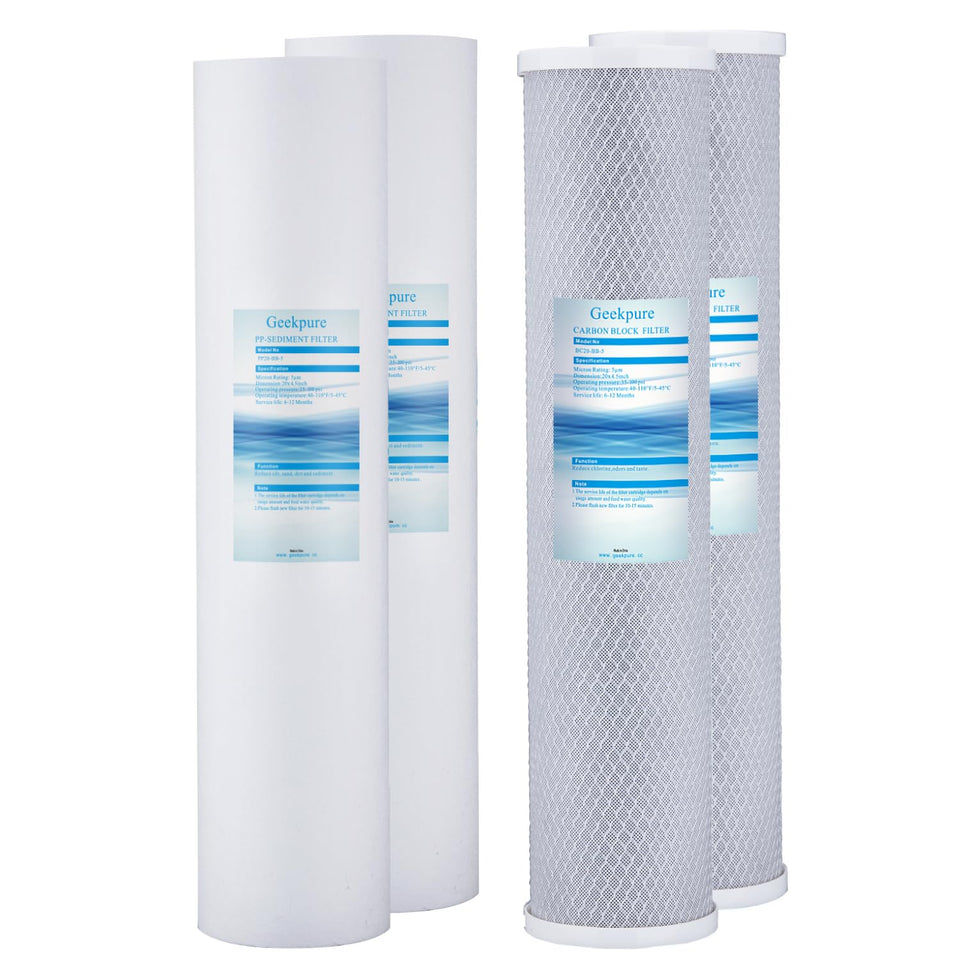 Geekpure 4-pack filters ready for 20-inch housings for whole-home filtration.