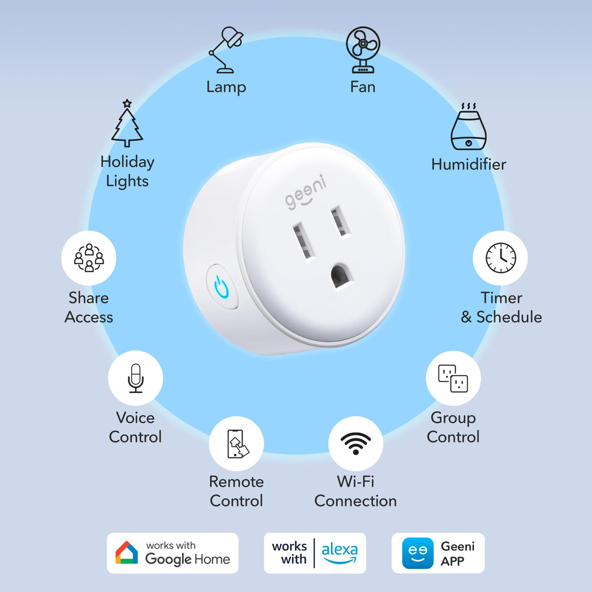 Geeni Dot Smart Plug compact design fits crowded outlets and keeps other sockets accessible.