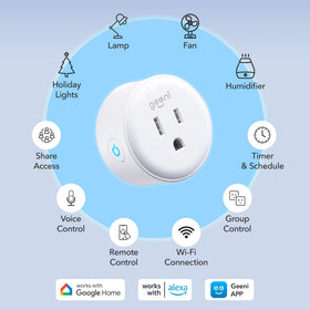 Geeni Dot Smart Plug compact design fits crowded outlets and keeps other sockets accessible.