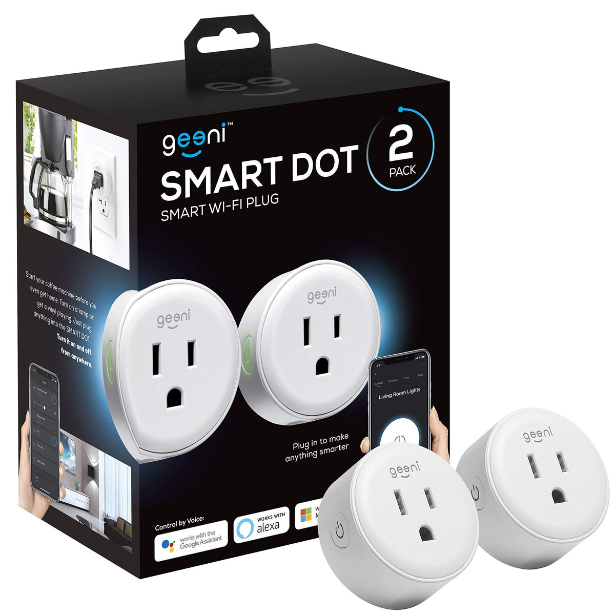 Geeni Dot Smart Plug remote control of devices via the Geeni app for convenient home use.
