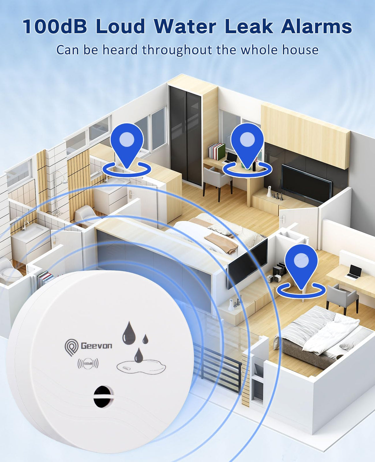 Geevon 8-Pack Water Leak Detectors | 100dB Battery-Operated Flood Alarms for Basements, Bathrooms, Kitchens